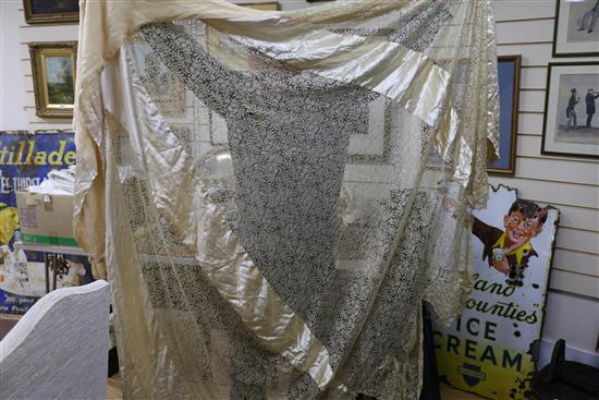 Two ornate babys 19th century christening capes, a silk and lace wedding train, waxed headdress and veil